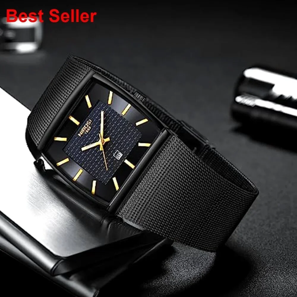 Stainless Steel Square Analog Quartz Watch with Mesh Strap